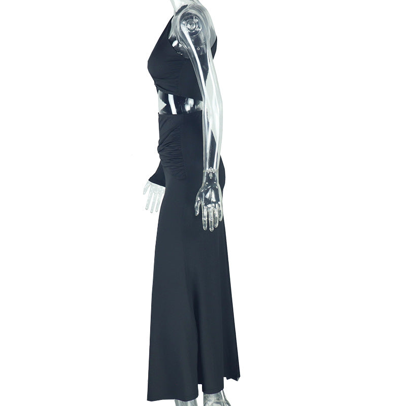 Women Solid Hollow Asymmetric One Shoulder Slash Shoulder Dress 6