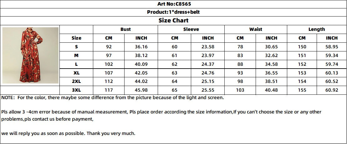 Women's Autumn Turndown Collar Belted Fashion Printed Long Sleeve Shirt Dress Long Dress 10