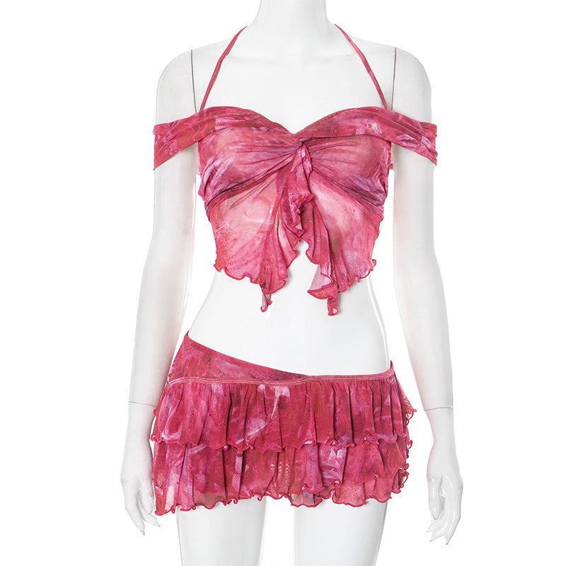 Women beach Holidays print suspenders Halter Neck Top Ruffle Edge Skirt two-piece set 6