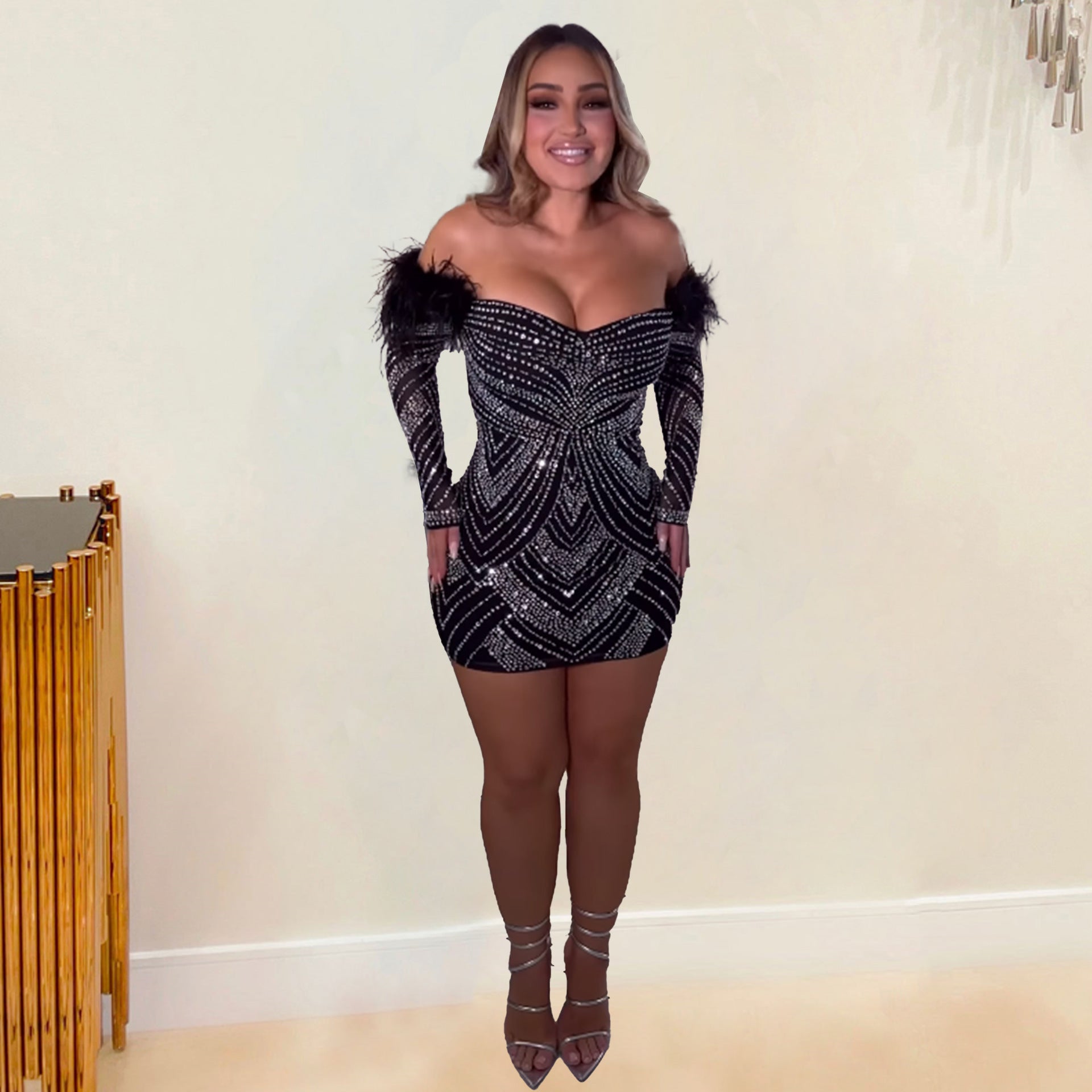 Women's Beaded Feather Off Shoulder Bodycon Dress 5