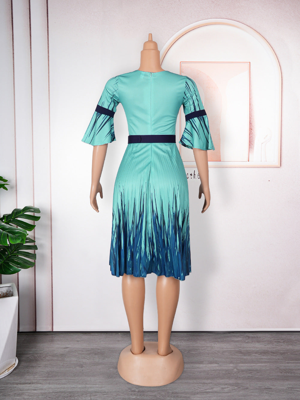 Plus Size African Dress Women High Waist Fashion Round Neck Printed Pleated Dress 19