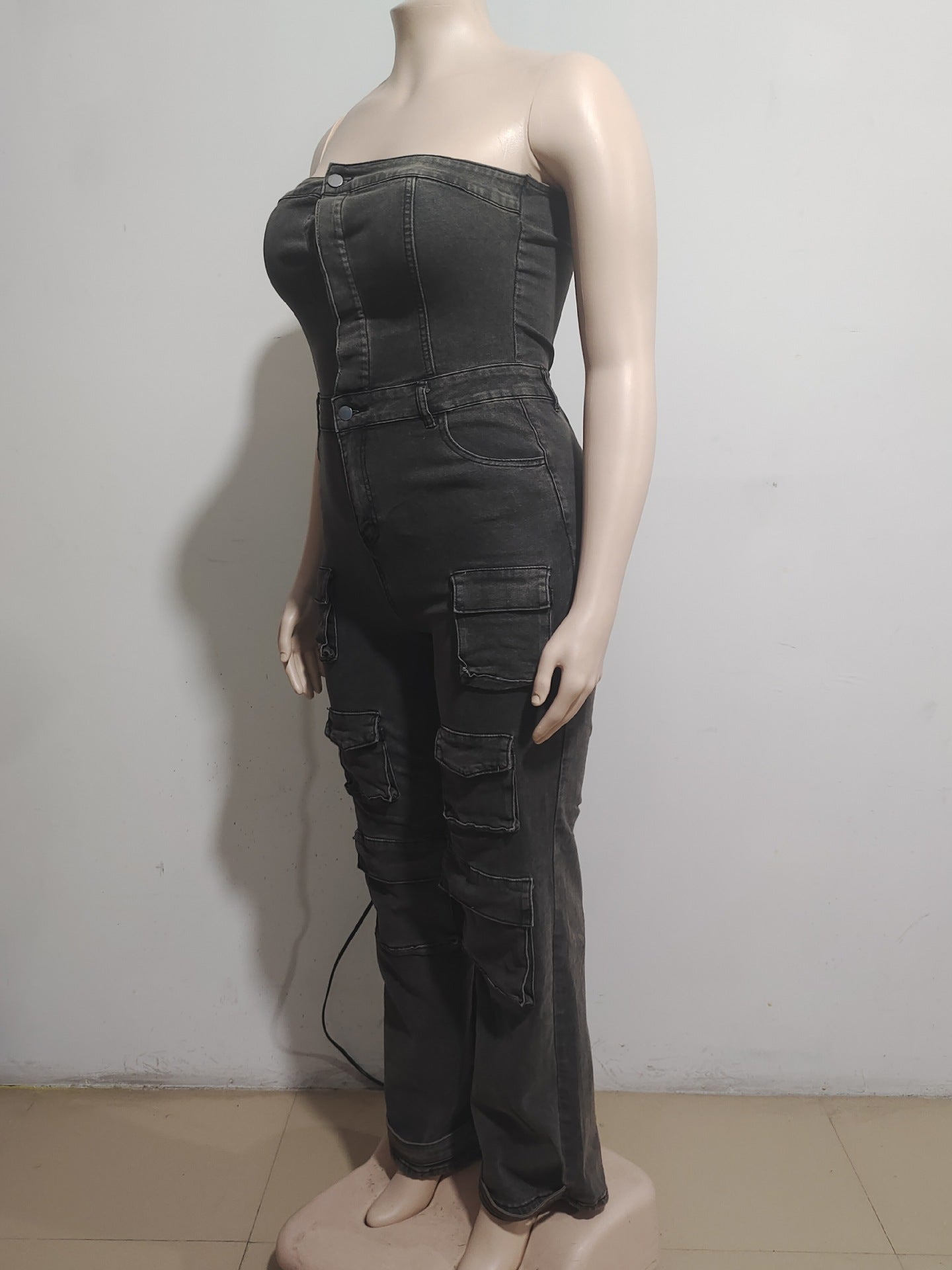 Women Strapless Cargo Denim Jumpsuit 8