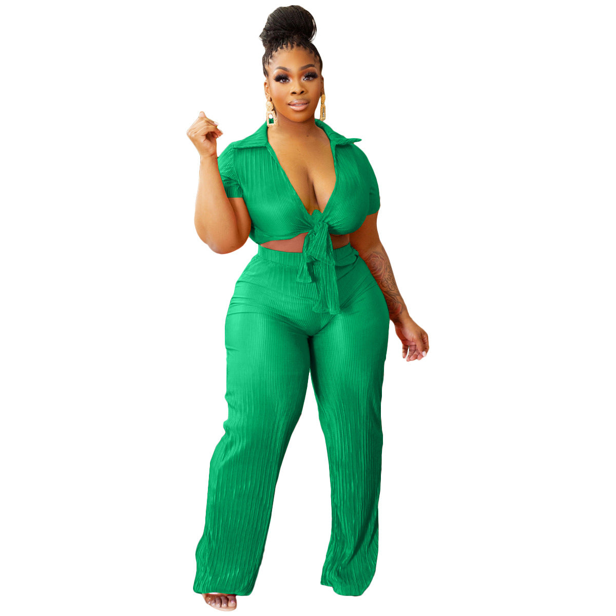 Women Lace-Up Crop Top and Pleated Wide-Leg Pants Two-Piece Set 9