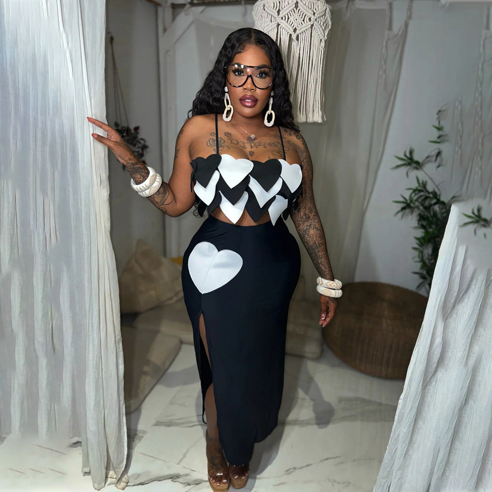 Fashion Strap top slim high slit skirt two-piece set 3