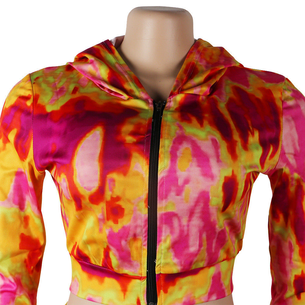 Print Hooded Zipper Long Sleeve Top Shorts Women's Casual Tracksuit 20