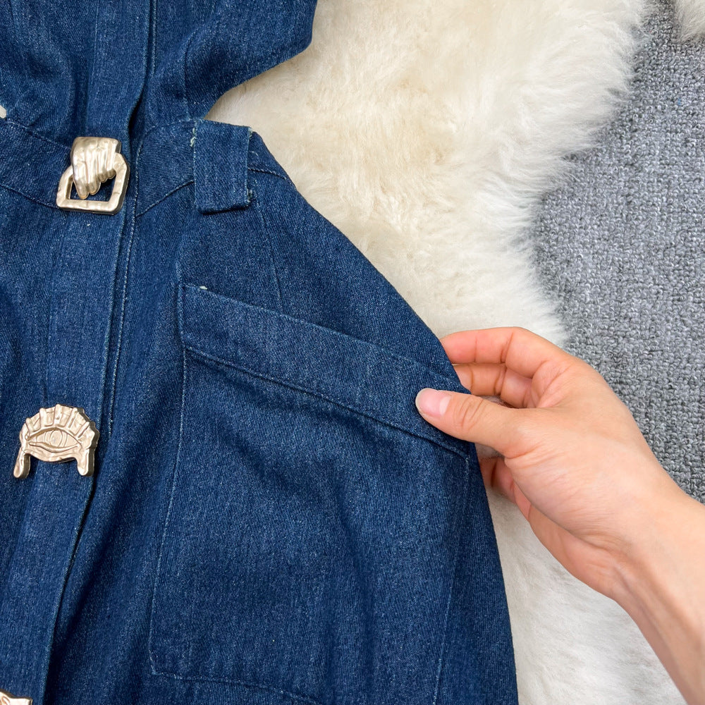 Women Vintage Turndown Collar Cut Out Sleeveless Denim Dress 20