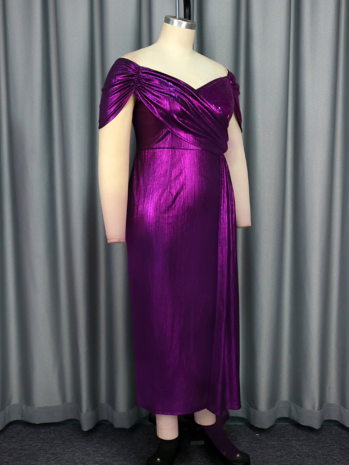 Women Off Shoulder V Neck Formal Party Pleated Small Sleeve Dresses 5