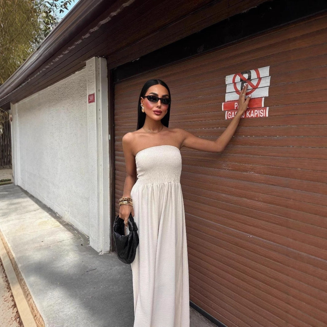 Summer Solid Strapless Slim Waist Maxi Dress 7