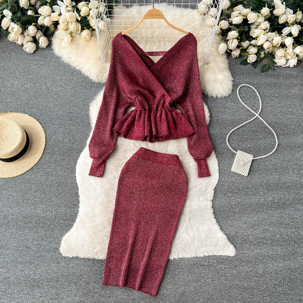 Autumn And Winter Style Suit For Women V-Neck Ruffled Short Knitting Shirt Bodycon Skirt Two-Piece Set 3