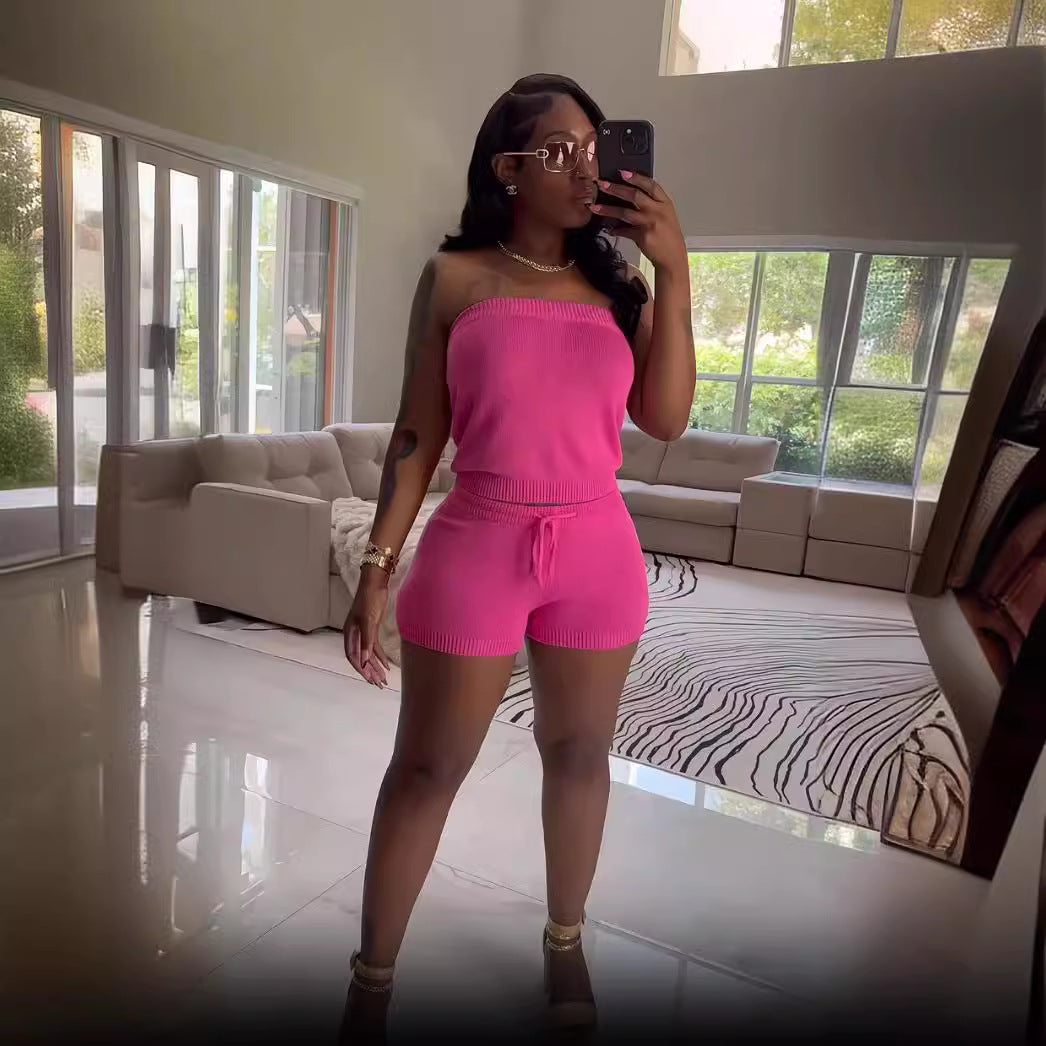 Women casual solid top and shorts two-piece 4