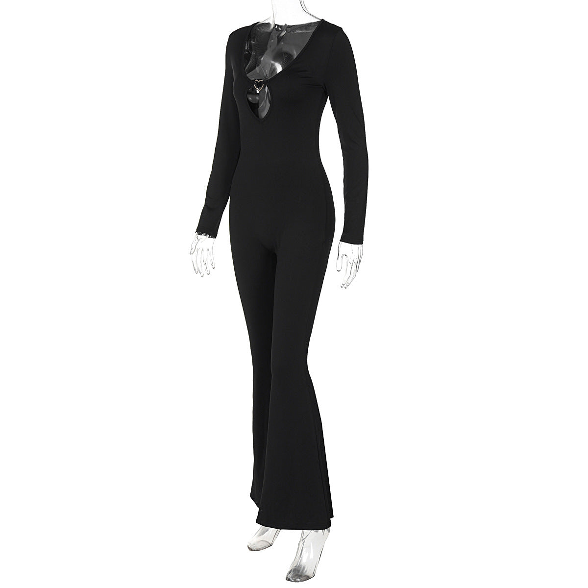 Women Solid long-sleeved v-neck Bell Bottom Jumpsuit 7