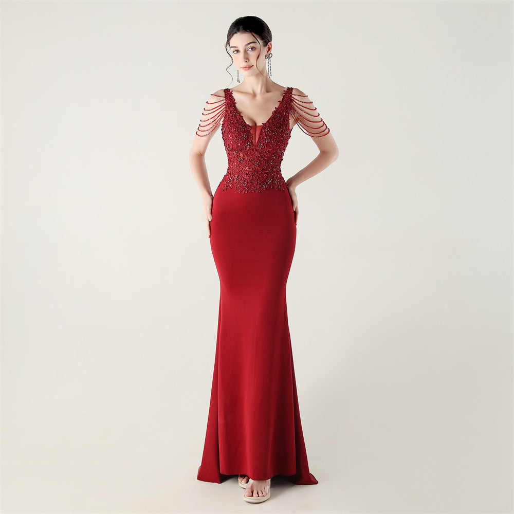 Women Heavy Lace Beaded Slit Fishtail Skirt Sexy Elegant Evening Evening Dress 20