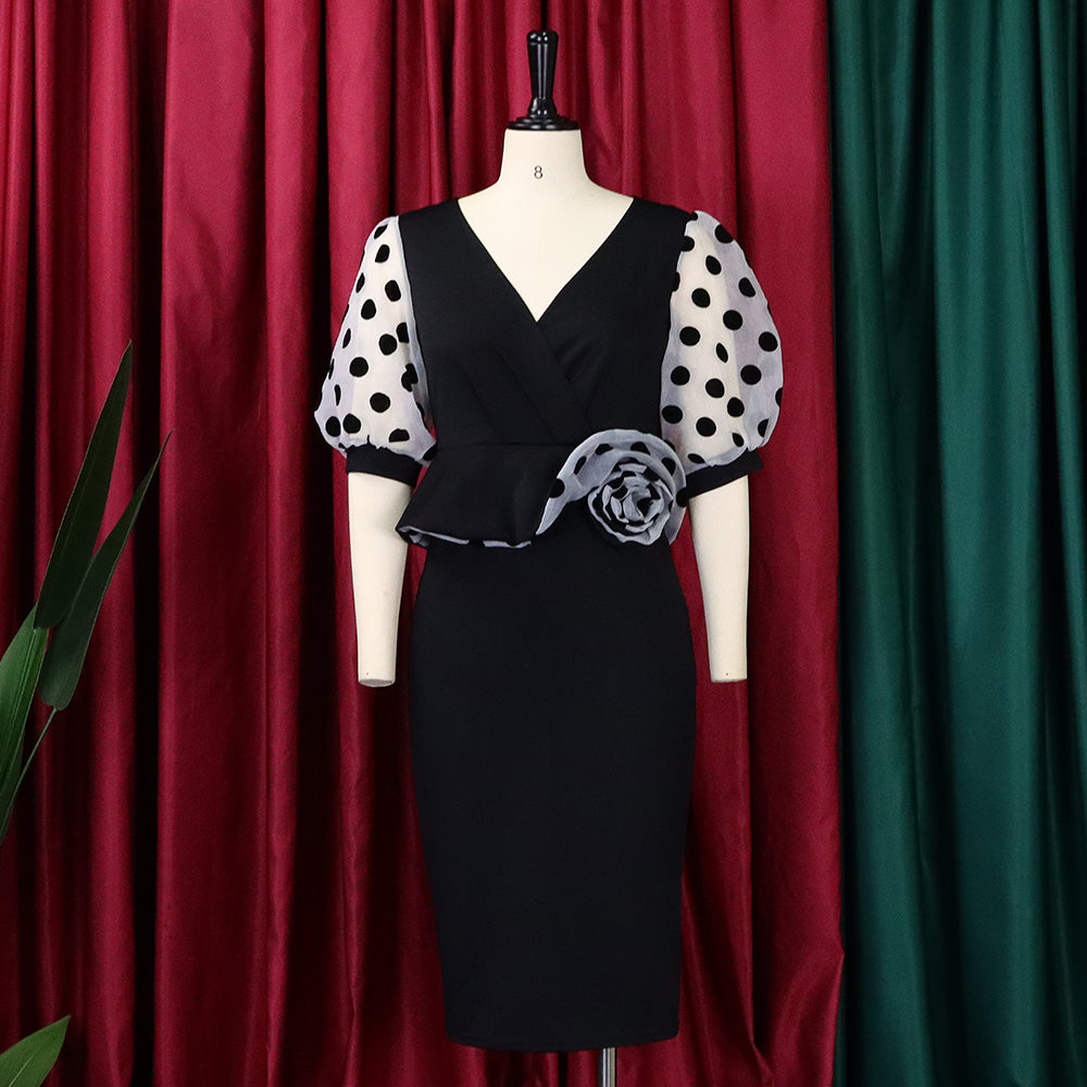 Plus Size Women'S Fashion Dot Mesh Patchwork V Neck Chic Career Bodycon Dress 13