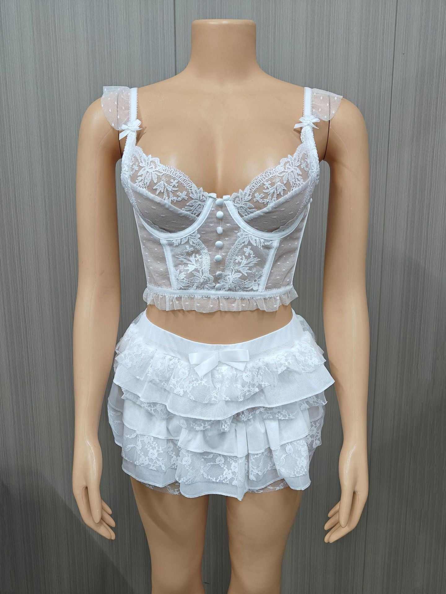 Plus Size Women Summer Sexy Lace Hollow Top and Skir Two-Piece Set 12