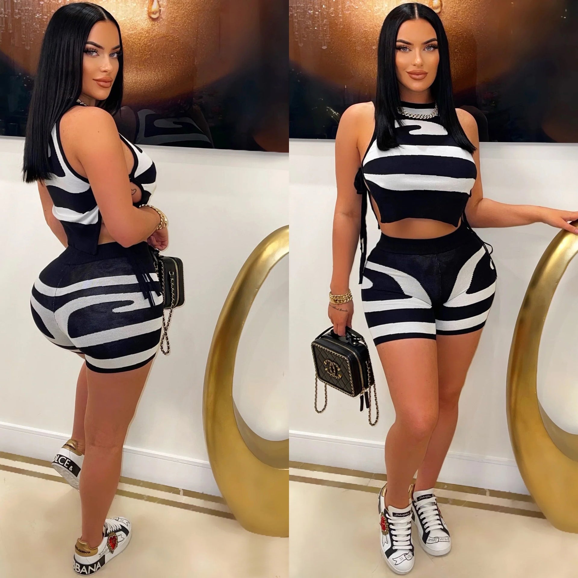 Women's Sleeveless Lace-Up Print Casual Two-Piece Set