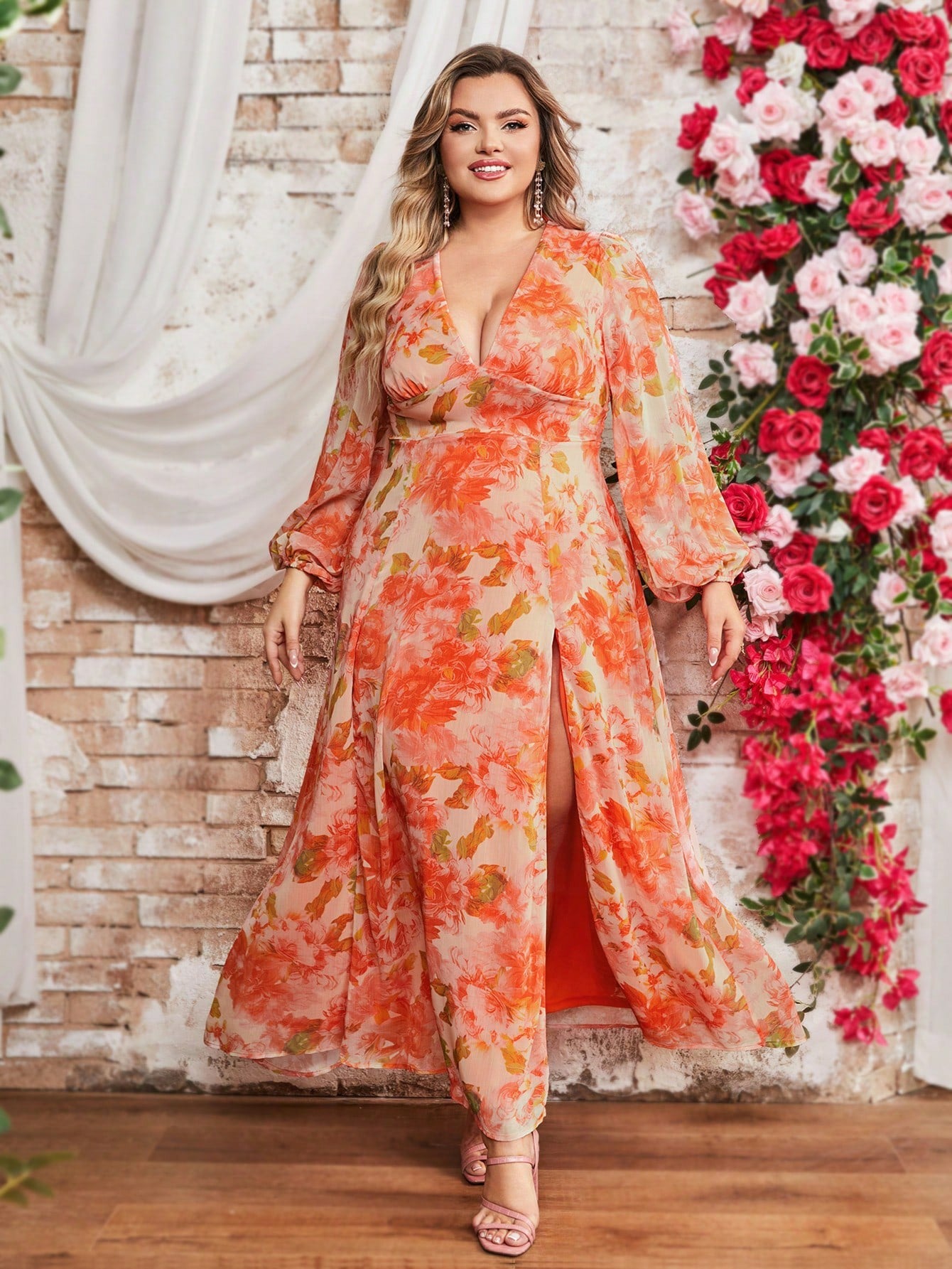 Plus Size Women Spring Summer Floral Chiffon Elegant Holidays Dress
