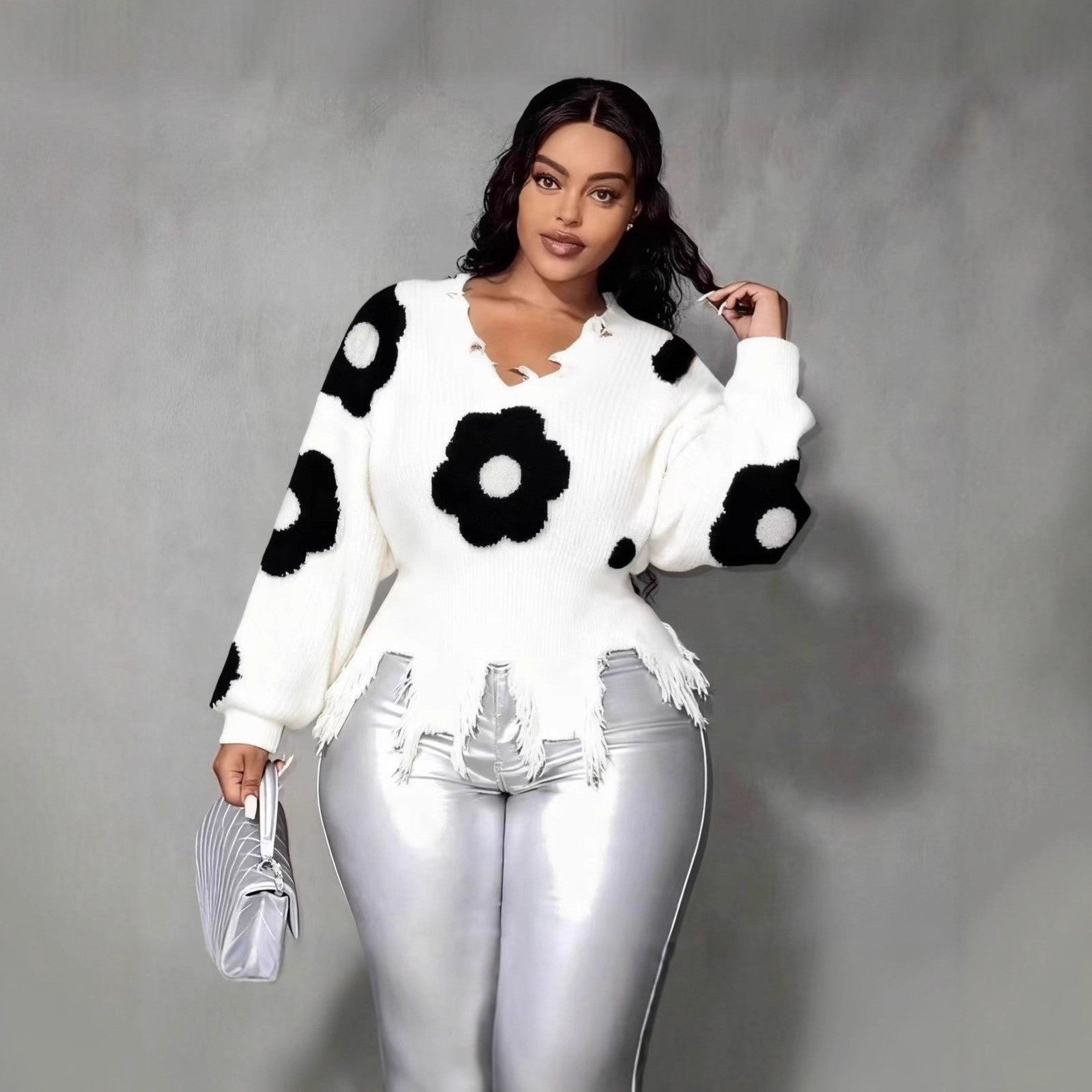 Women Cross Ripped Tassel Dark Long-Sleeved Pullover Knitting Sweater 3