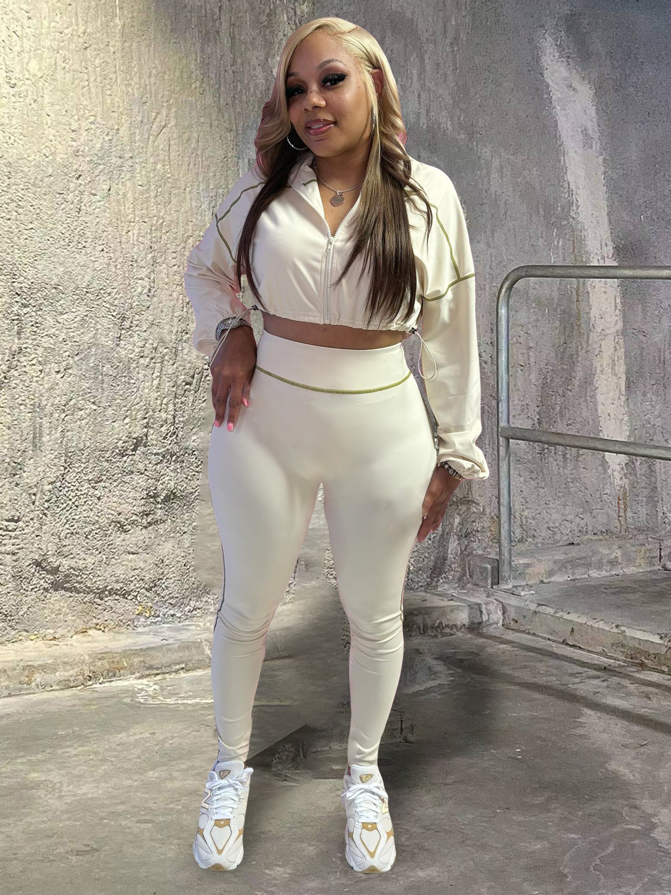 Women's Sexy Elastic Waist Long Sleeve Crop Top Slim Tight Pants Two-Piece Set