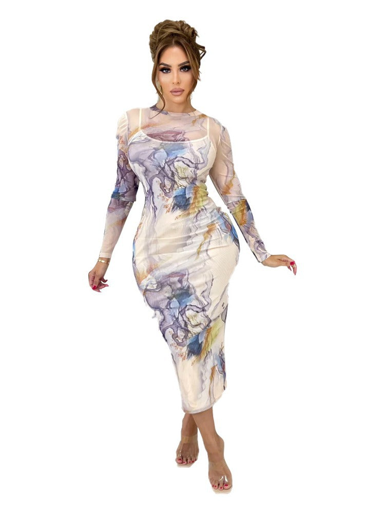 Autumn Women's Printed Long Sleeve See-Through Mesh Long Dress For Women 5