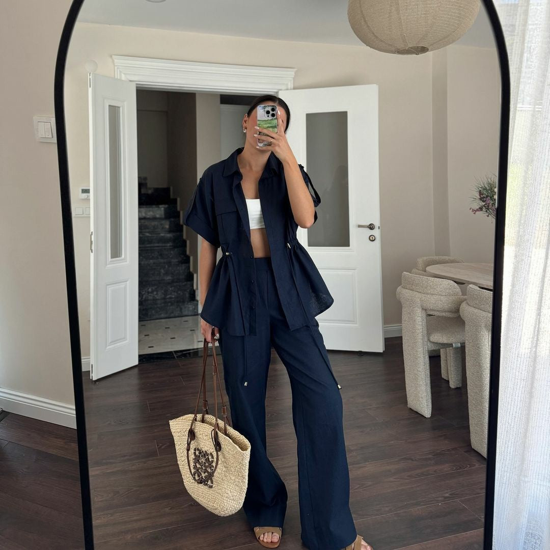 Women's Cargo Style Drawstring Pocket Shirt Pants Two-Piece Set 5