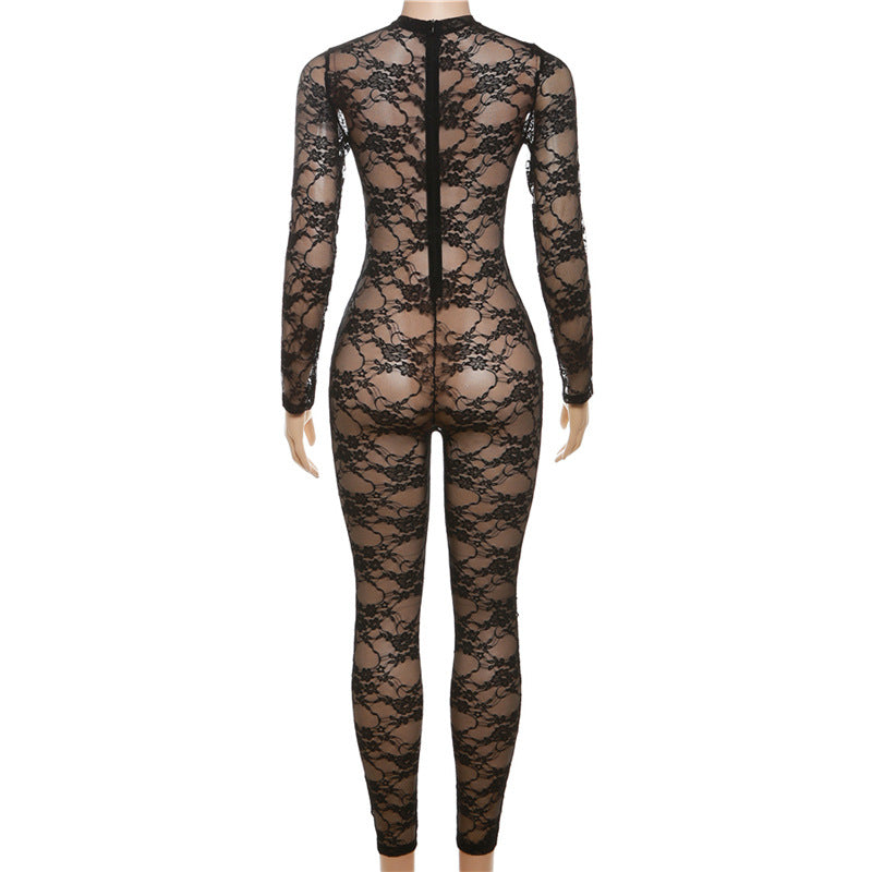 Women's Spring Summer Style Street Sexy See-Through Round Neck Long Sleeve Lace Tight Fitting Jumpsuit 6