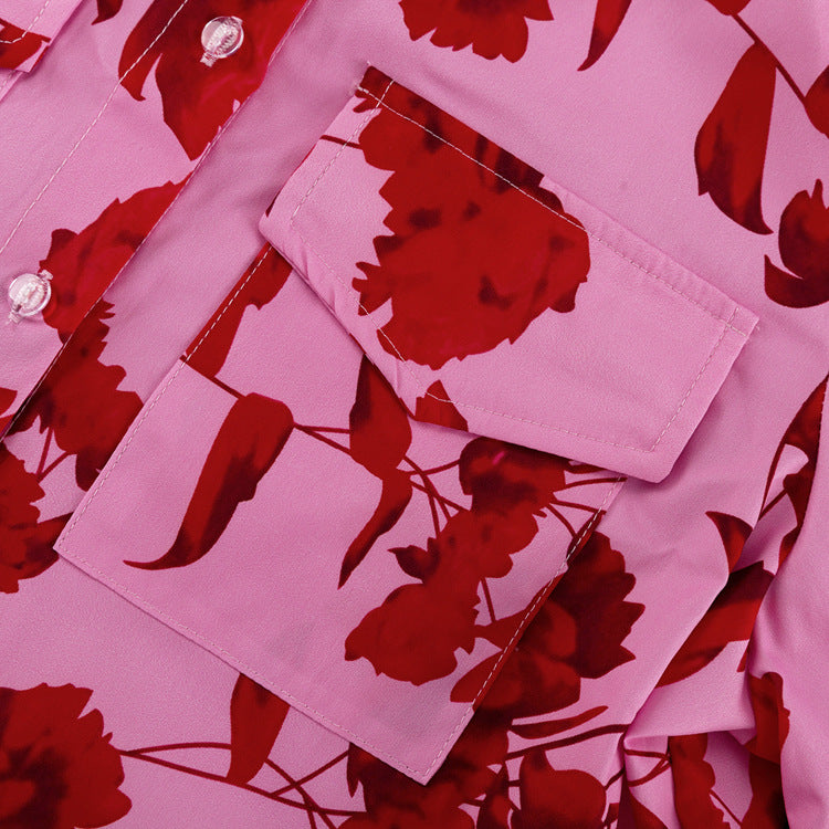 Fashion Print Turndown Collar Long Sleeve Shirt High Waist Split Short Skirt Two Piece Set 12