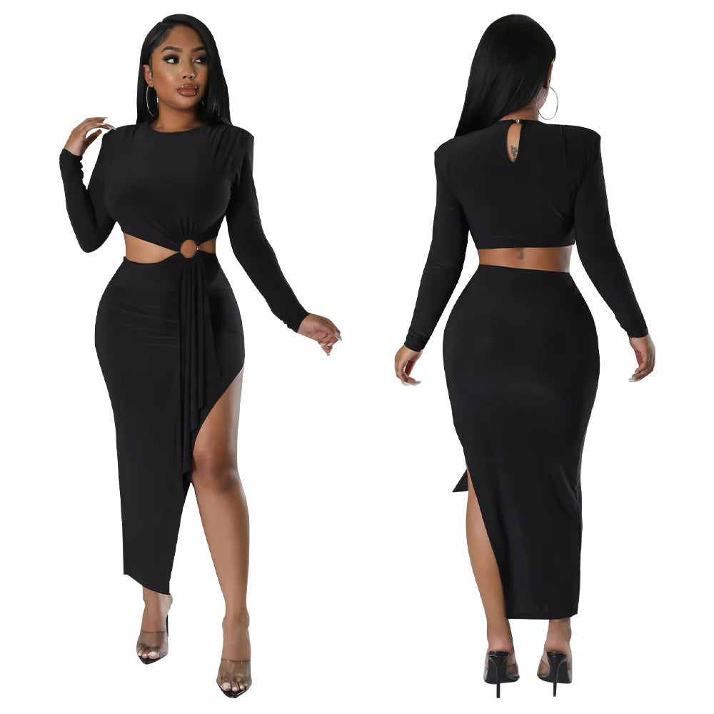 Women'S Fall Round Neck Sexy Open Waist Slit Irregular Dress 10