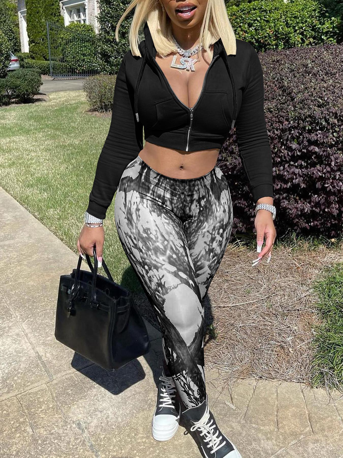 Women Casual Zipper Long Sleeve Top and Print Pants Two-Piece Set 11