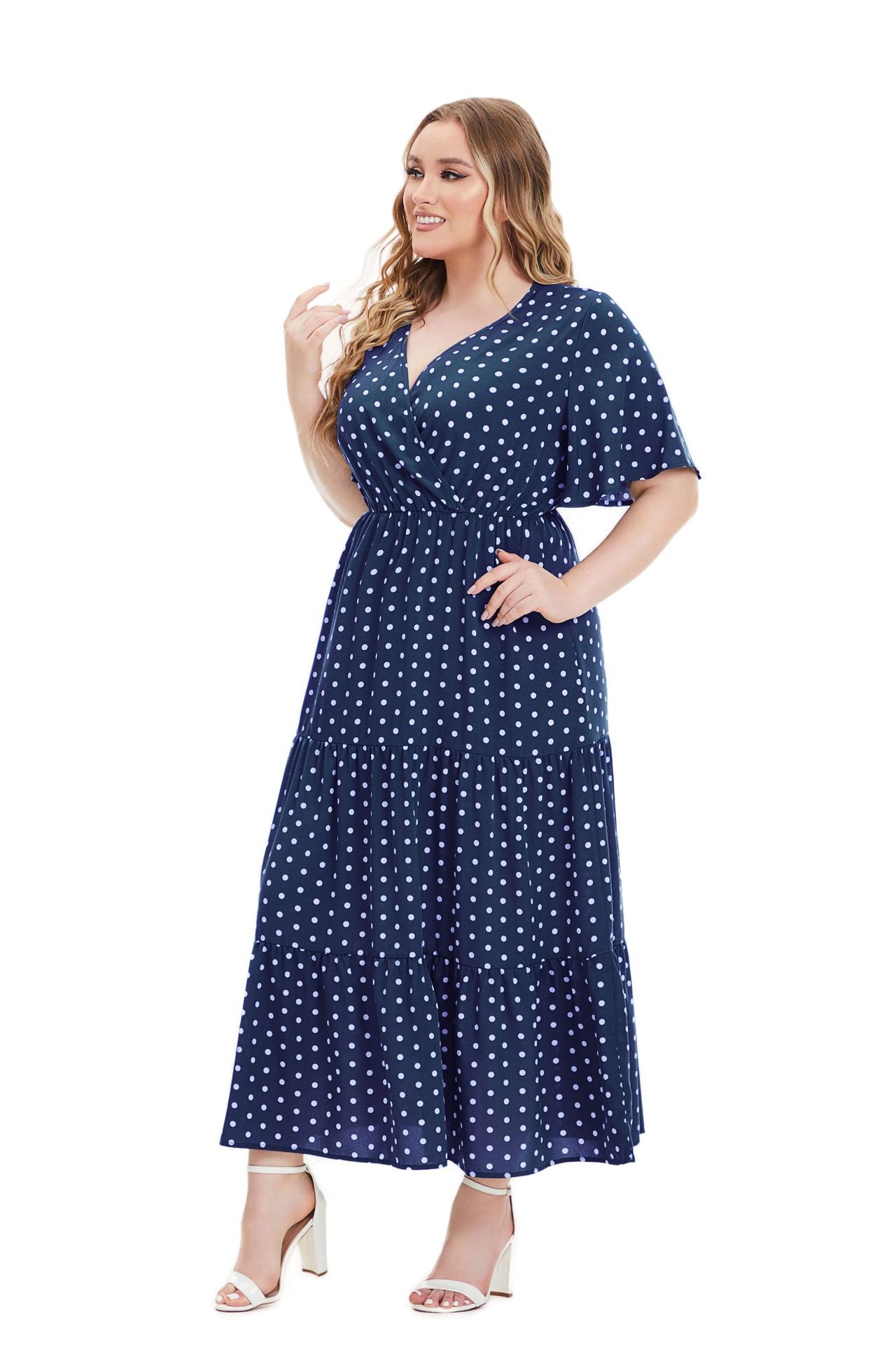 Plus Size Women Summer V Neck Polka Dot Short Sleeve Dress 12