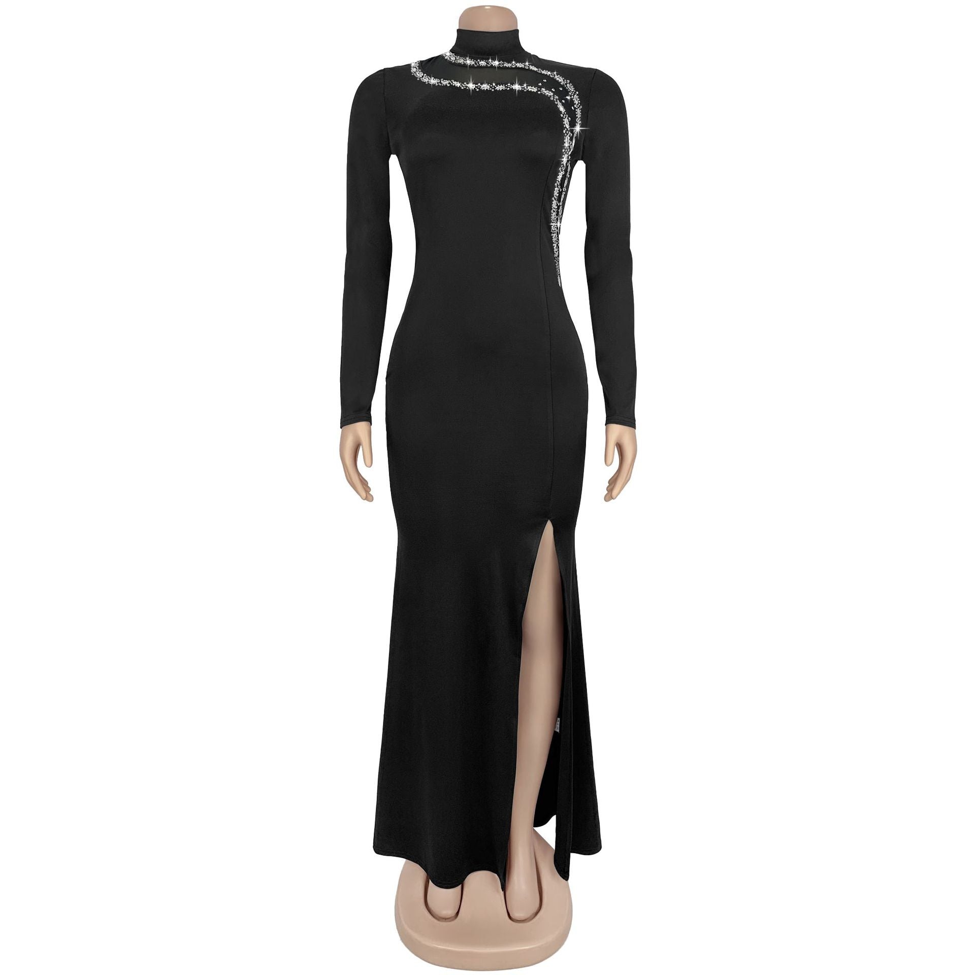 Women Sexy Slit Diamond Chain Long Sleeve Dress 4