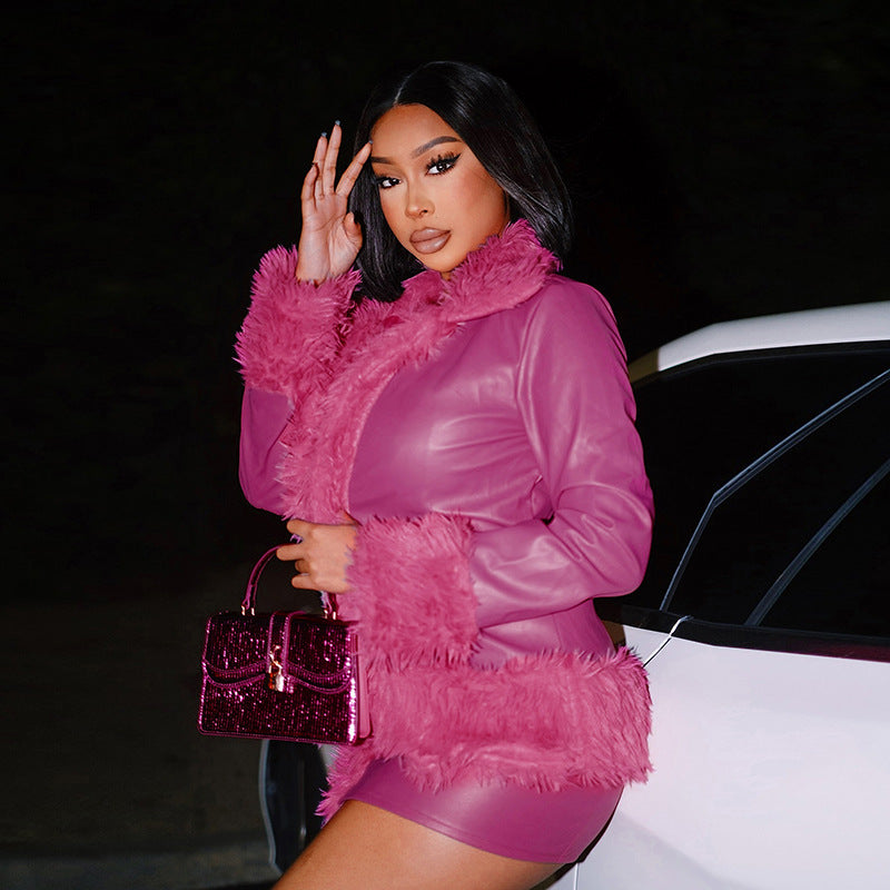 Women Pu-Leather Fur Collar Jacket and Skirt Two Piece Set 7