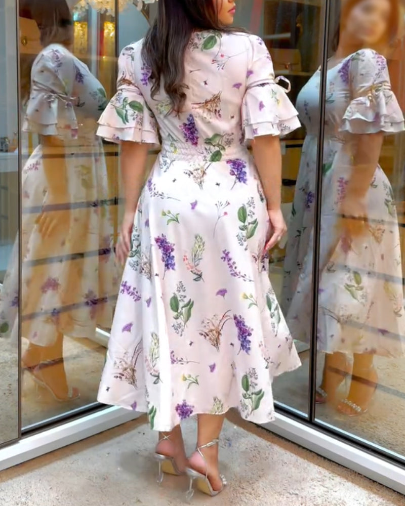 Fashion Floral Print Ruffle Sleeve Slim Waist Dress with Belt 3