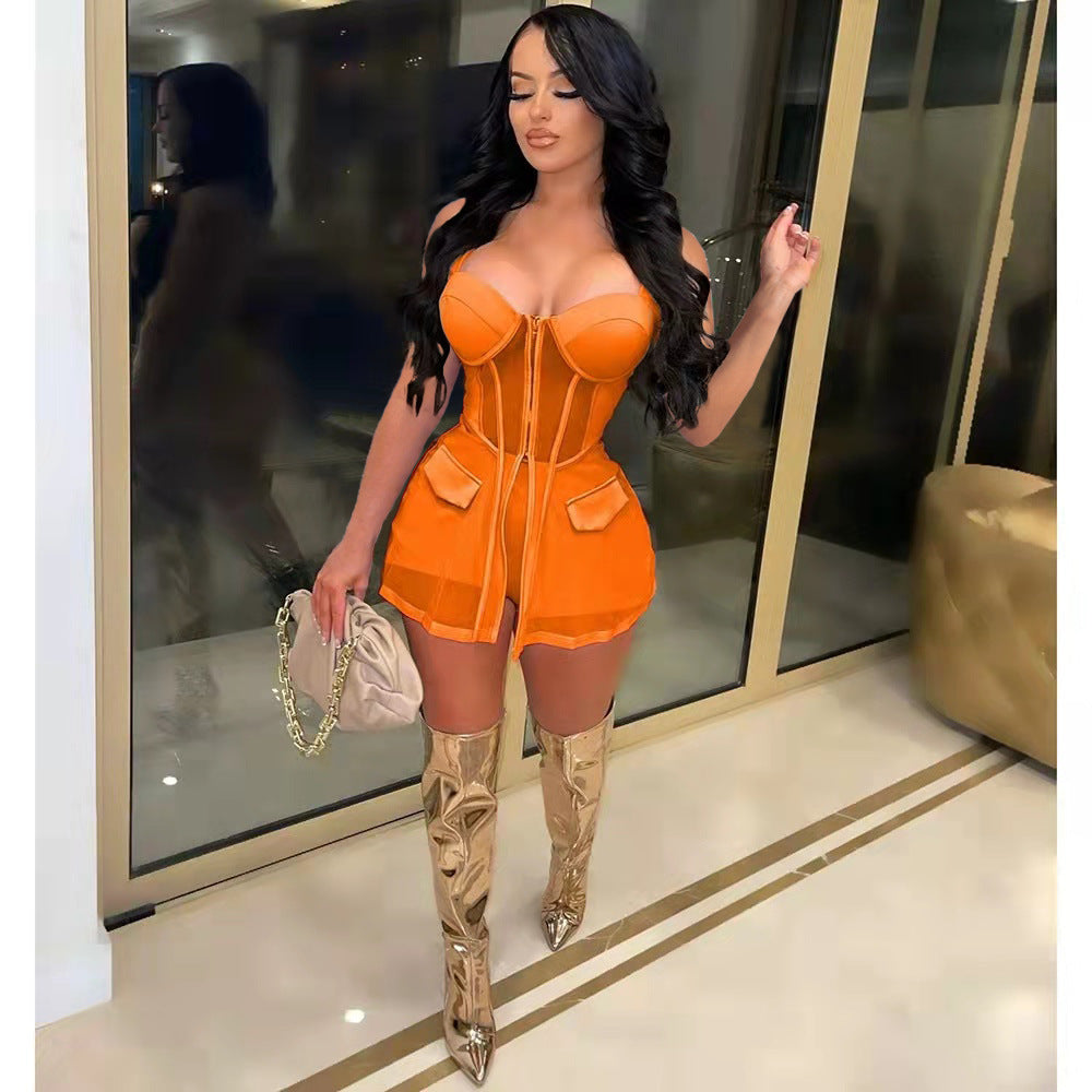 Women Mesh See-Through Patchwork vest shorts 2-piece set