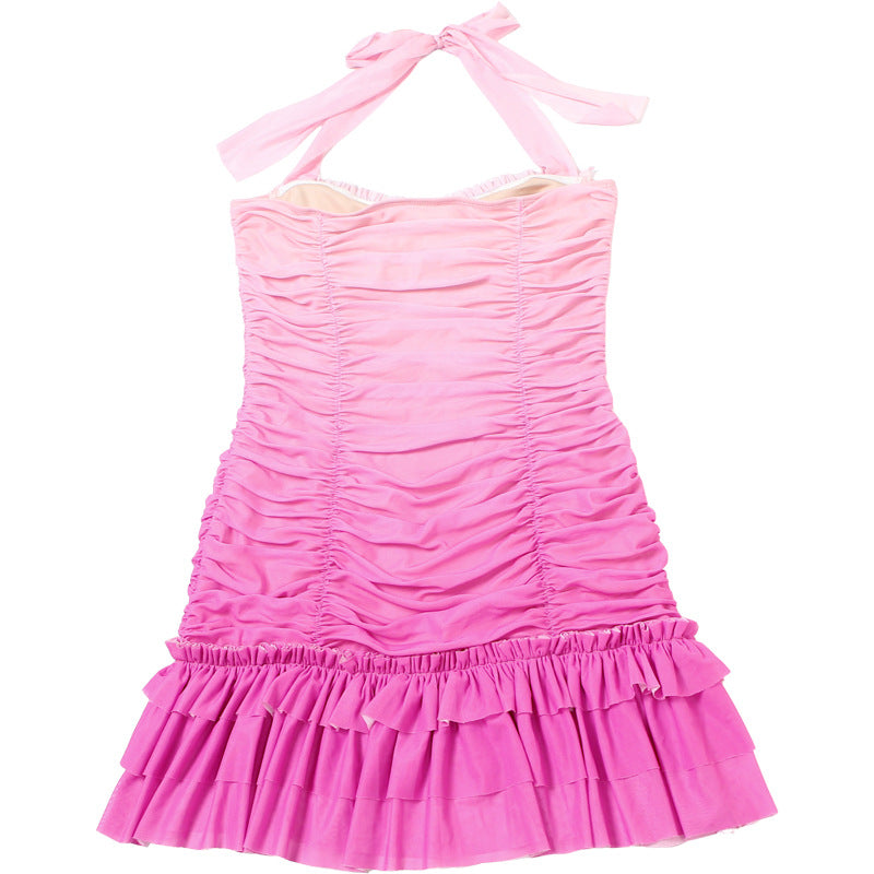 Summer Women's Mesh Patchwork Sexy Color-block Pleated Bodycon Halter Neck Dress 11