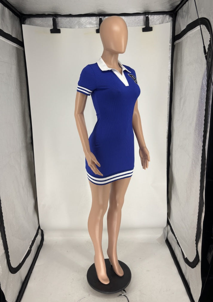 Women Turndown Collar Short Sleeve Ribbed Sexy Dress 12