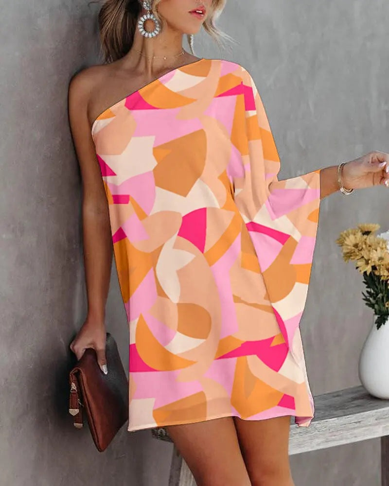 Spring Summer Positioning Print Ombre One Shoulder Casual Dress 8
