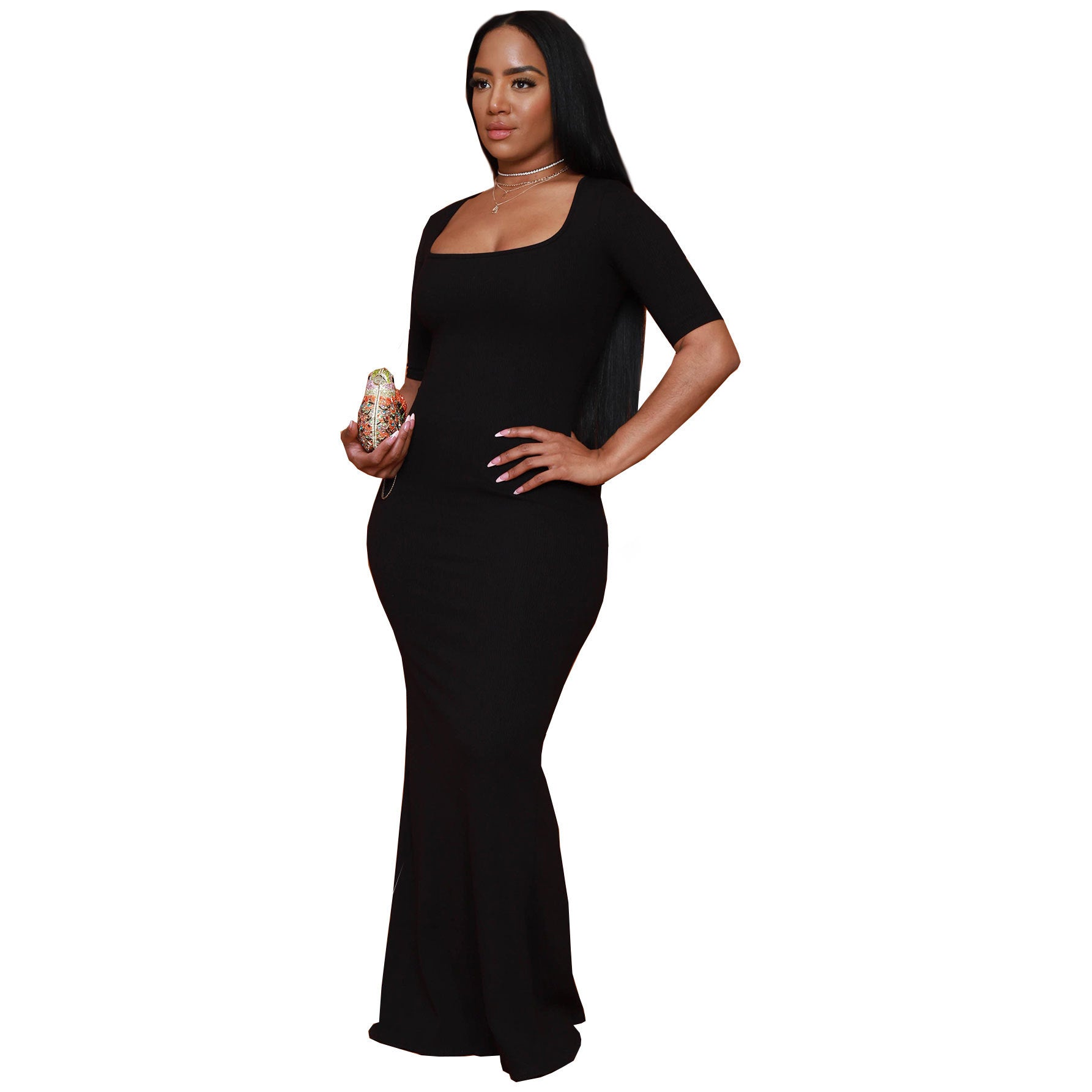 Women U-neck Short Sleeve Solid Ribbed Maxi Dress 10