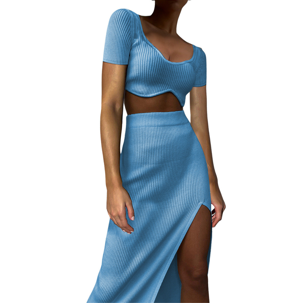 Women's Summer Short-Sleeved Ribbed Crop Top Slit Skirt Sexy Two-Piece Set 6