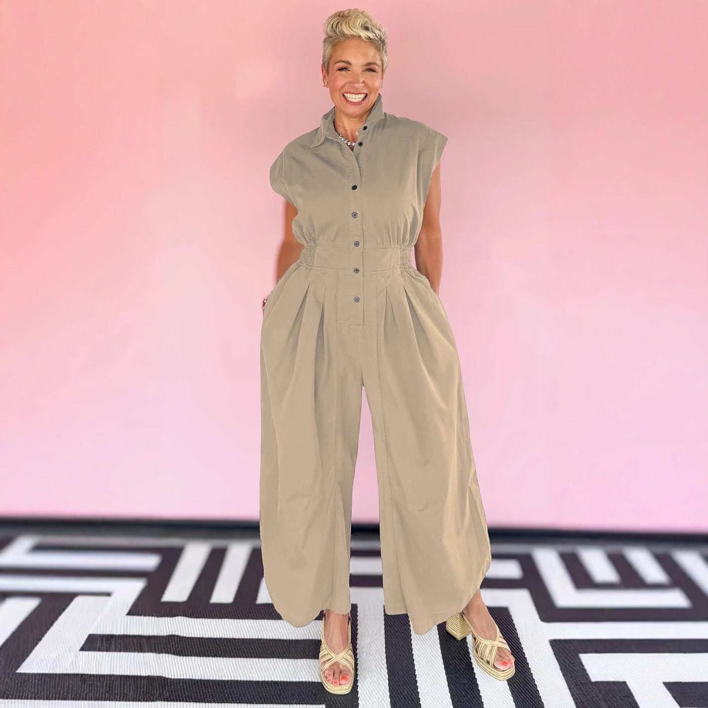 Casual Career Turn-Down Collar Sleeveless Button-Down Cargo Pocket Jumpsuit