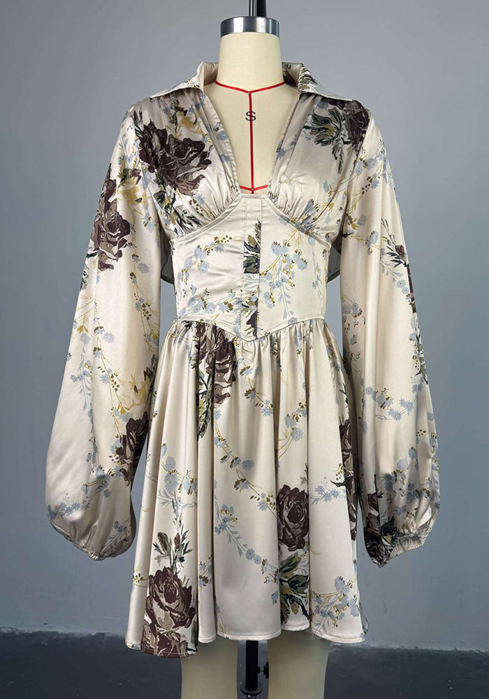 Women spring elegant printed v-neck lantern sleeve dress