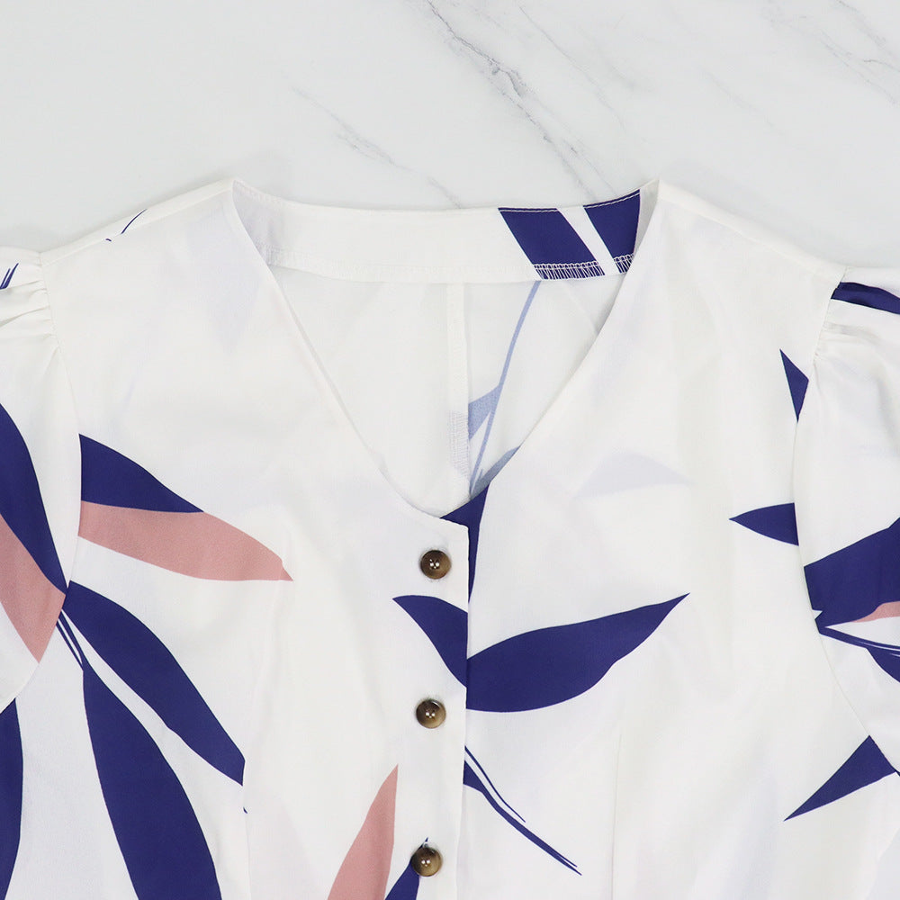 Chic V Neck Short Sleeve Slim High Waist Button Long Dress 7