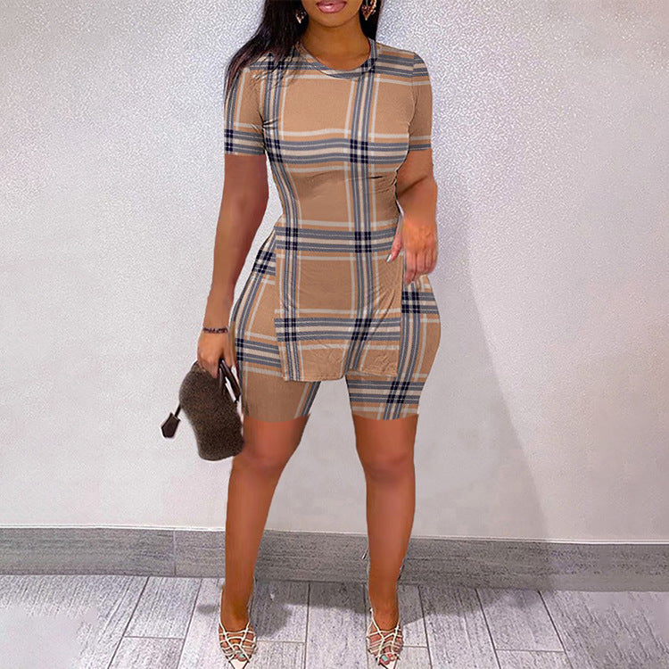 Women Letter Print Slit Short Sleeve Top + Shorts Two-Piece Set 21