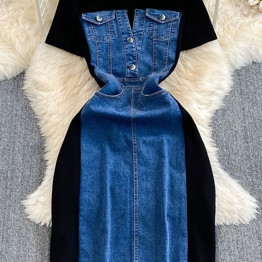 Women Short Sleeve Round Neck Denim Patchwork Casual dress 6