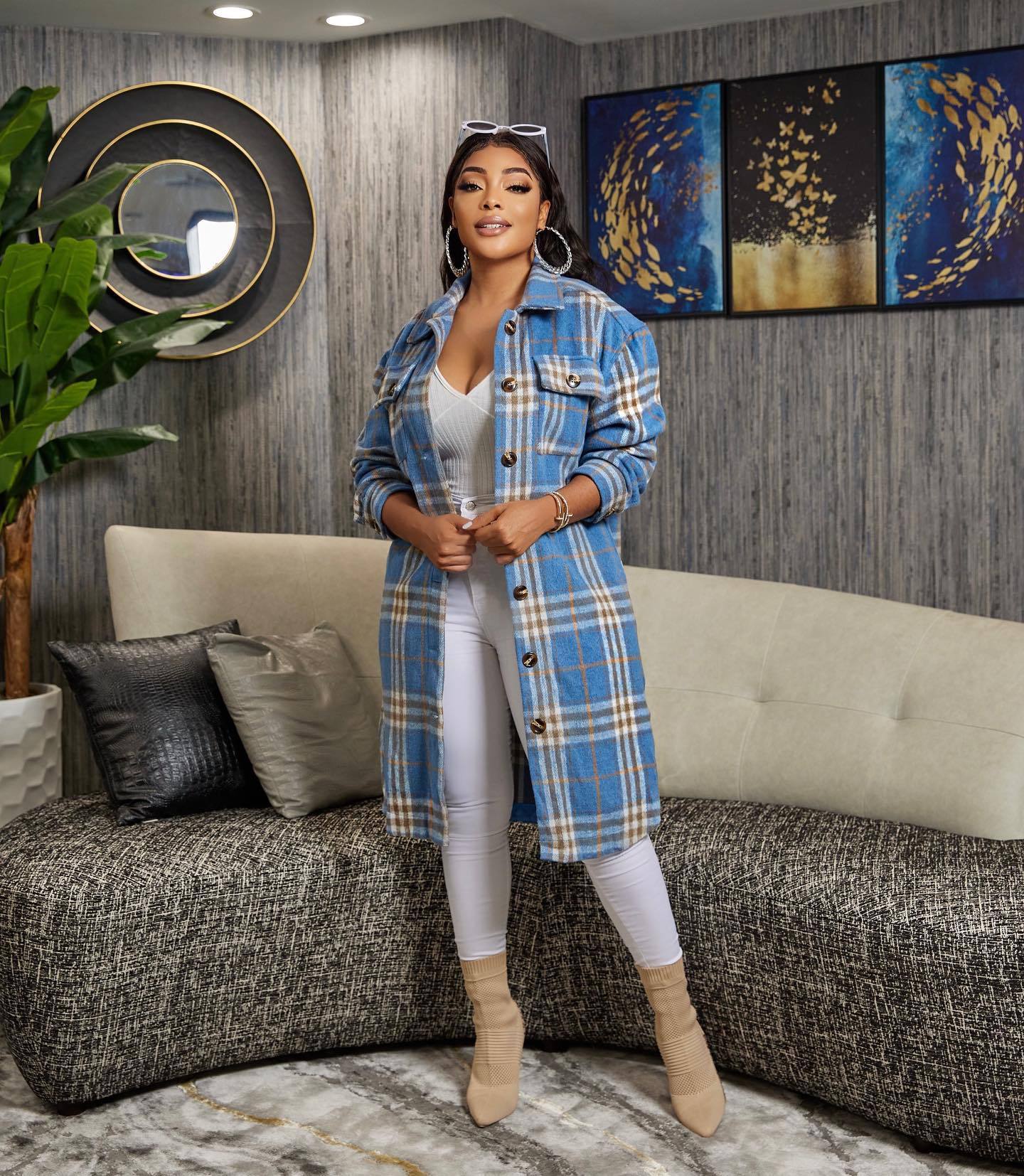 Women Casual Check Turndown Collar Jacket 5