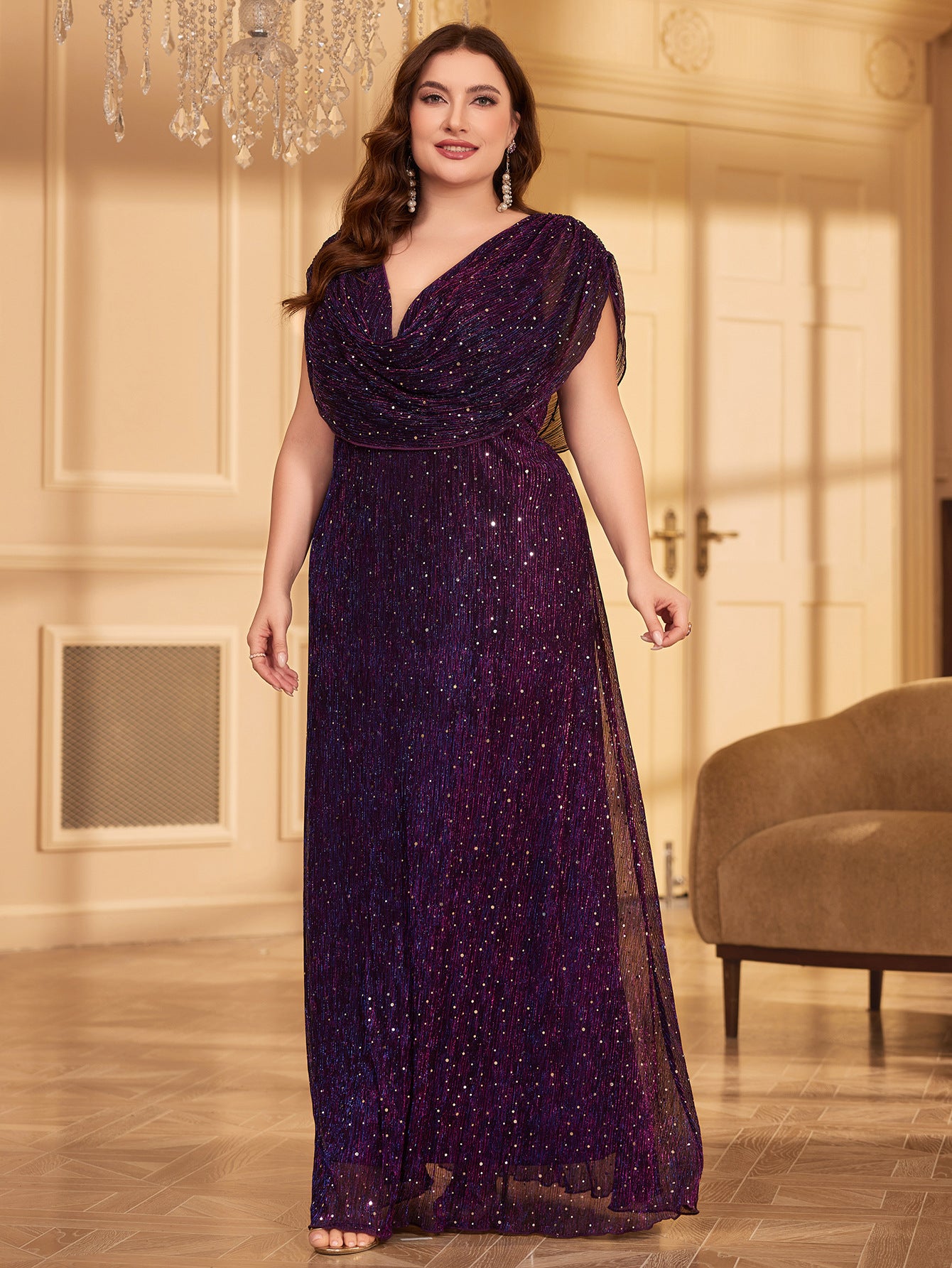 Plus Size Long Formal Party Evening Gown Elegant Pleated Mesh Shiny See-Through Prom Dress 4