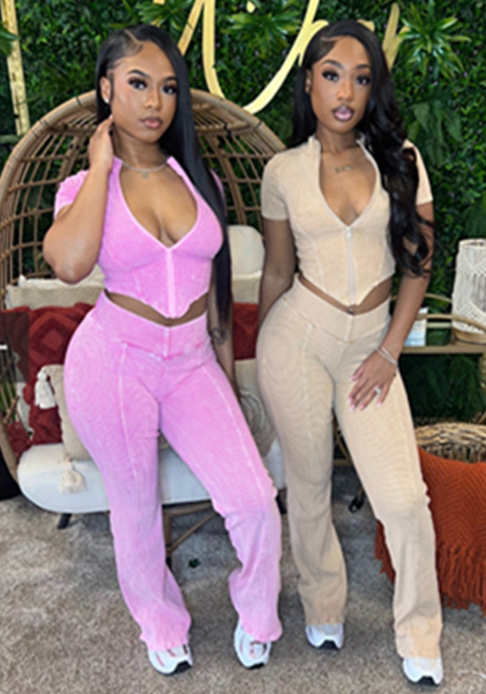 Women Printed Short Sleeve Zipper Top And Bell Bottom Pant Two-piece Set