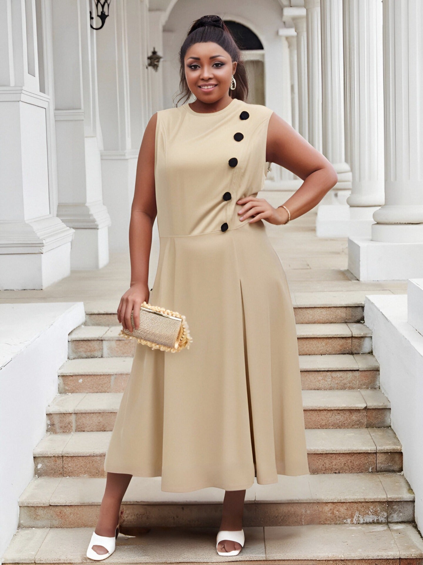 Plus Size Women Elegant Stand Collar Sleeveless Button Dress 5