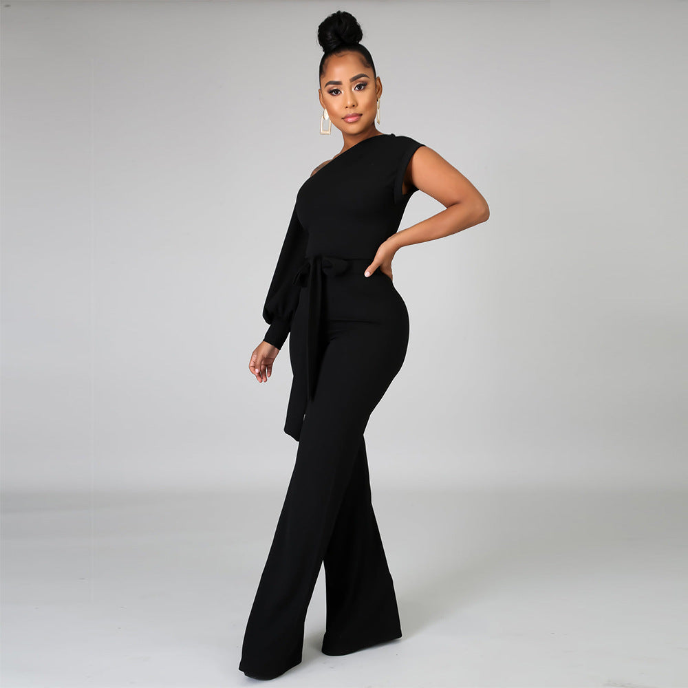 Women Solid Color One Shoulder Wide Leg Jumpsuit 12