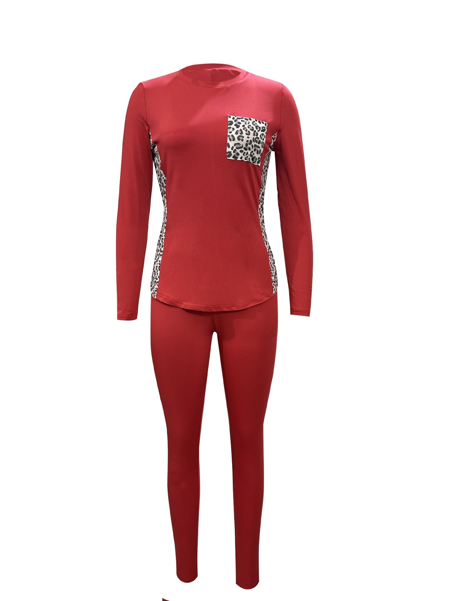 Women Leopard Patchwork Casual Round Neck Top and Pants Two-piece Set 24