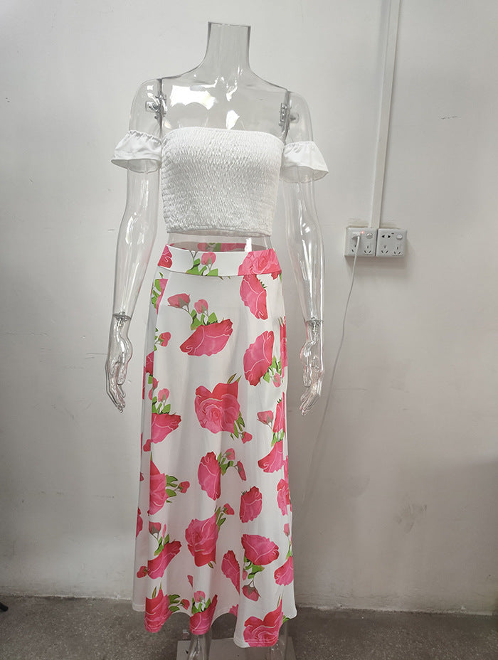 Women Summer French Bohemian Print Strapless Top and Skirt Two-Piece Set 48